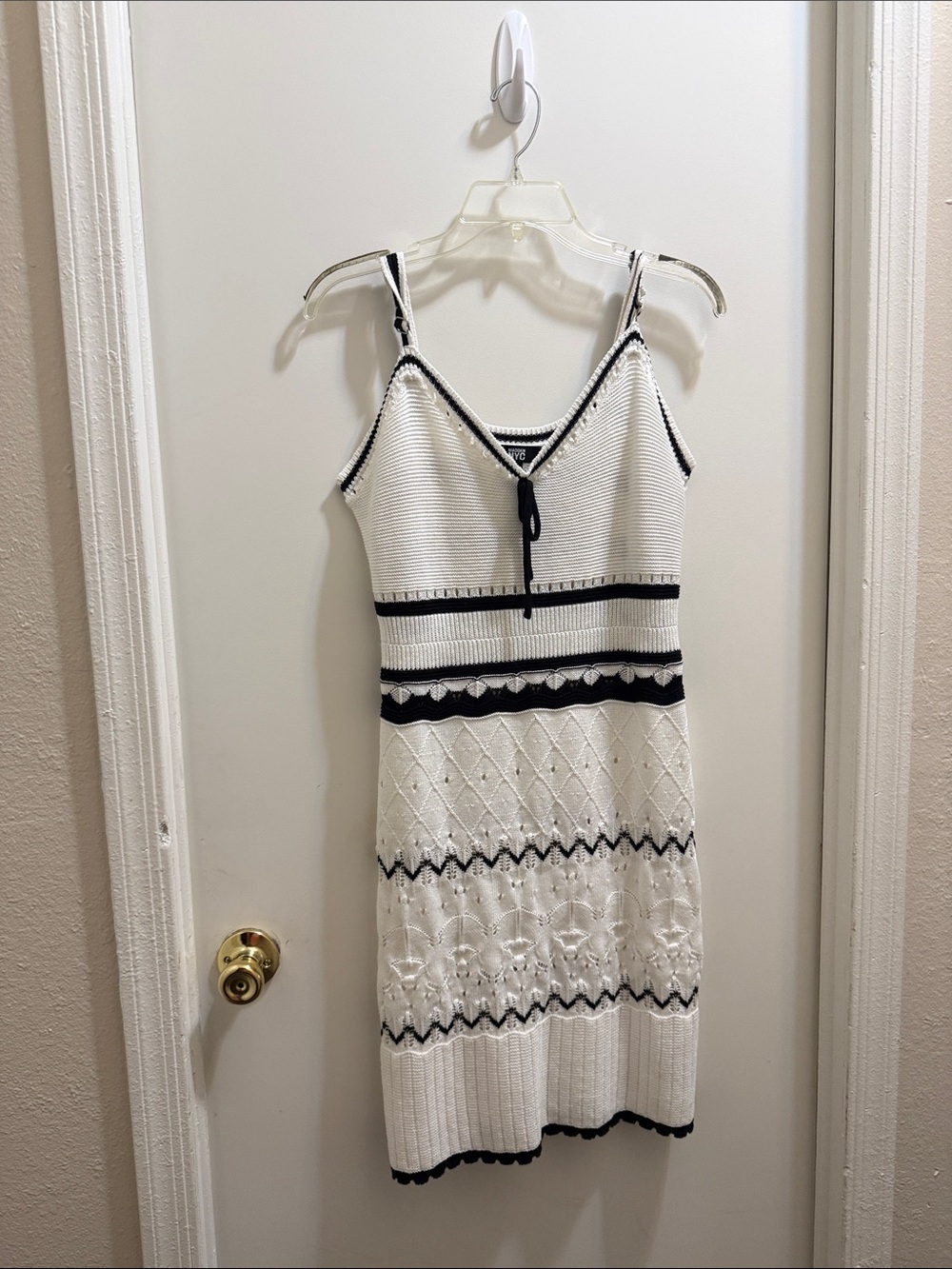 NY Collection White Knit Midi Dress with Black Trim